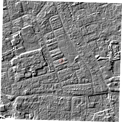 Shaded relief map of the ground around PE210ET, computed from Environment Agency LiDAR. The ground here sits at about 3 m above sea level and falls 5 m across the surrounding 800 m. Surface water reaching this point runs off ground lying to the north-west, 0.7 m higher.