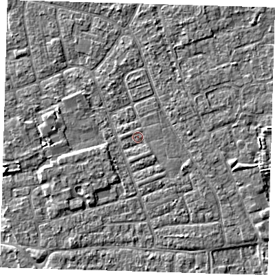 Shaded relief map of the ground around PE210EW, computed from Environment Agency LiDAR. The ground here sits at about 2 m above sea level and falls 3 m across the surrounding 800 m. Surface water reaching this point runs off ground lying to the south-east, 1.1 m higher.