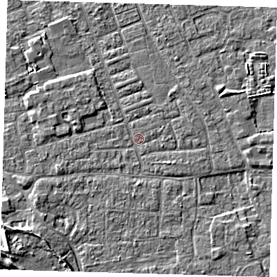 Shaded relief map of the ground around PE210EX, computed from Environment Agency LiDAR. The ground here sits at about 2 m above sea level and falls 7 m across the surrounding 800 m. Surface water reaching this point runs off ground lying to the west-south-west, 4.3 m higher.
