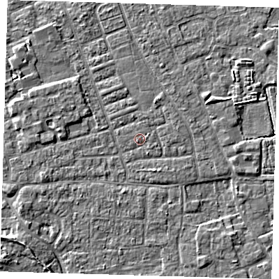 Shaded relief map of the ground around PE210EY, computed from Environment Agency LiDAR. The ground here sits at about 3 m above sea level and falls 5 m across the surrounding 800 m. Surface water reaching this point runs off ground lying to the east, 0.6 m higher.