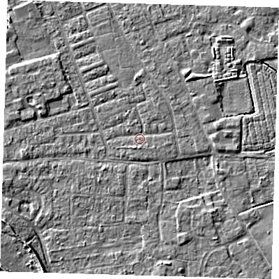 Shaded relief map of the ground around PE210EZ, computed from Environment Agency LiDAR. The ground here sits at about 3 m above sea level and falls 6 m across the surrounding 800 m. Surface water reaching this point runs off ground lying to the south-south-west, 1.1 m higher.