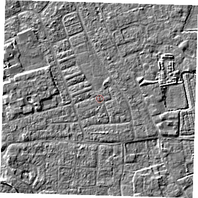 Shaded relief map of the ground around PE210HA, computed from Environment Agency LiDAR. The ground here sits at about 3 m above sea level and falls 5 m across the surrounding 800 m. The ground contributing surface water to this point lies to the south-south-west.