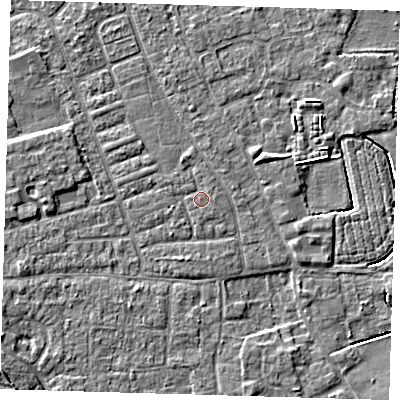 Shaded relief map of the ground around PE210HB, computed from Environment Agency LiDAR. The ground here sits at about 3 m above sea level and falls 5 m across the surrounding 800 m. Surface water reaching this point runs off ground lying to the north-north-west, 1.0 m higher.
