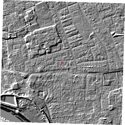Shaded relief map of the ground around PE210HD, computed from Environment Agency LiDAR. The ground here sits at about 2 m above sea level and falls 7 m across the surrounding 800 m. Surface water reaching this point runs off ground lying to the west-south-west, 4.3 m higher.