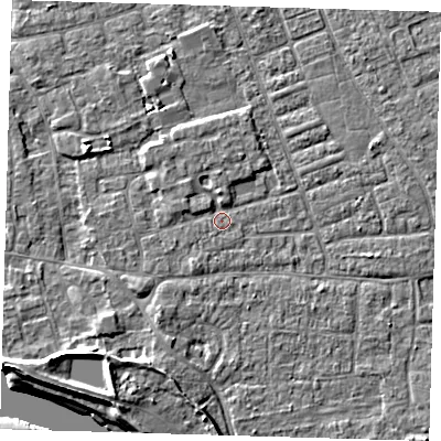 Shaded relief map of the ground around PE210HF, computed from Environment Agency LiDAR. The ground here sits at about 3 m above sea level and falls 7 m across the surrounding 800 m. Surface water reaching this point runs off ground lying to the north, 1.4 m higher.