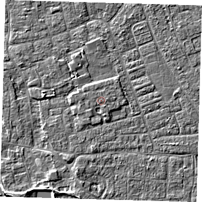 Shaded relief map of the ground around PE210HG, computed from Environment Agency LiDAR. The ground here sits at about 3 m above sea level and falls 7 m across the surrounding 800 m. Surface water reaching this point runs off ground lying to the east, 0.8 m higher.