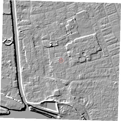Shaded relief map of the ground around PE210HH, computed from Environment Agency LiDAR. The ground here sits at about 3 m above sea level and falls 7 m across the surrounding 800 m. Surface water reaching this point runs off ground lying to the south-west, 0.7 m higher.