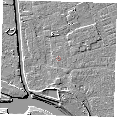 Shaded relief map of the ground around PE210HJ, computed from Environment Agency LiDAR. The ground here sits at about 3 m above sea level and falls 7 m across the surrounding 800 m. The ground contributing surface water to this point lies to the west.