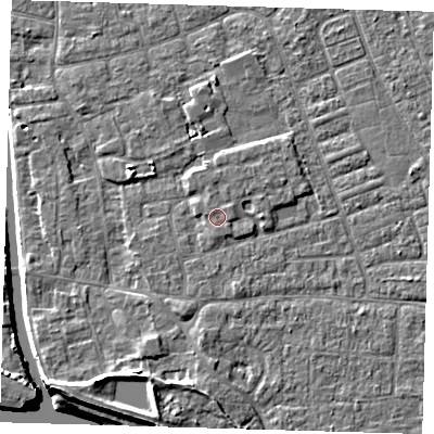 Shaded relief map of the ground around PE210HN, computed from Environment Agency LiDAR. The ground here sits at about 3 m above sea level and falls 7 m across the surrounding 800 m. Surface water reaching this point runs off ground lying to the east, 0.6 m higher.
