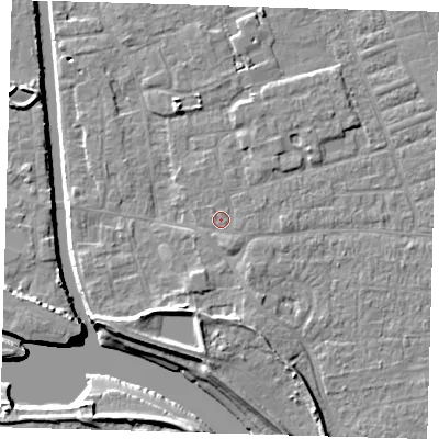 Shaded relief map of the ground around PE210HQ, computed from Environment Agency LiDAR. The ground here sits at about 3 m above sea level and falls 8 m across the surrounding 800 m. Surface water reaching this point runs off ground lying to the south-south-east, 1.2 m higher.