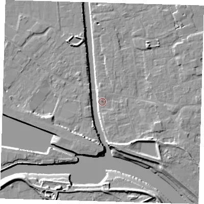 Shaded relief map of the ground around PE210HR, computed from Environment Agency LiDAR. The ground here sits at about 3 m above sea level and falls 8 m across the surrounding 800 m. Surface water reaching this point runs off ground lying to the south-south-west, 6.7 m higher.