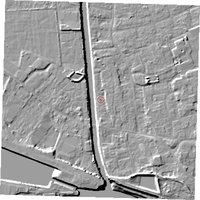 Shaded relief map of the ground around PE210HS, computed from Environment Agency LiDAR. The ground here sits at about 2 m above sea level and falls 7 m across the surrounding 800 m. Surface water reaching this point runs off ground lying to the south, 1.9 m higher.