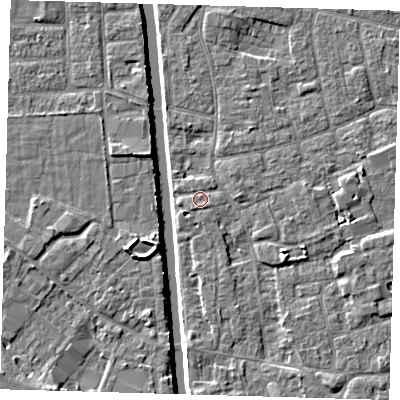 Shaded relief map of the ground around PE210HT, computed from Environment Agency LiDAR. The ground here sits at about 3 m above sea level and falls 6 m across the surrounding 800 m. Surface water reaching this point runs off ground lying to the south-west, 0.8 m higher.