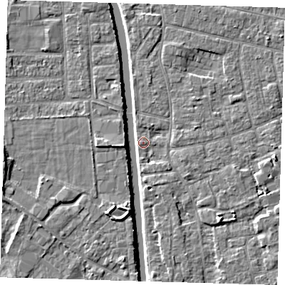 Shaded relief map of the ground around PE210HU, computed from Environment Agency LiDAR. The ground here sits at about 2 m above sea level and falls 5 m across the surrounding 800 m. Surface water reaching this point runs off ground lying to the south-south-west, 5.3 m higher.