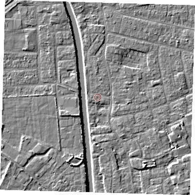 Shaded relief map of the ground around PE210HX, computed from Environment Agency LiDAR. The ground here sits at about 2 m above sea level and falls 5 m across the surrounding 800 m. Surface water reaching this point runs off ground lying to the south-south-east, 0.7 m higher.