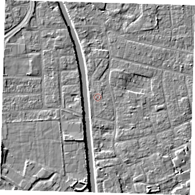 Shaded relief map of the ground around PE210HY, computed from Environment Agency LiDAR. The ground here sits at about 2 m above sea level and falls 5 m across the surrounding 800 m. Surface water reaching this point runs off ground lying to the east, 0.6 m higher.