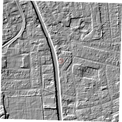 Shaded relief map of the ground around PE210HZ, computed from Environment Agency LiDAR. The ground here sits at about 3 m above sea level and falls 6 m across the surrounding 800 m. The ground contributing surface water to this point lies to the north-north-east.