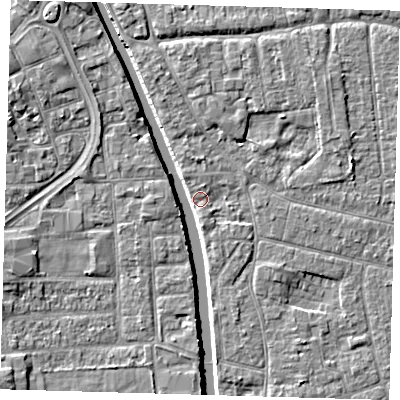 Shaded relief map of the ground around PE210JA, computed from Environment Agency LiDAR. The ground here sits at about 2 m above sea level and falls 5 m across the surrounding 800 m. Surface water reaching this point runs off ground lying to the north-north-west, 3.5 m higher.