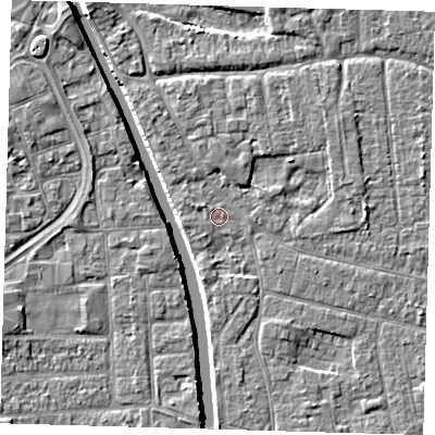 Shaded relief map of the ground around PE210JB, computed from Environment Agency LiDAR. The ground here sits at about 2 m above sea level and falls 5 m across the surrounding 800 m. The ground contributing surface water to this point lies to the north-west.