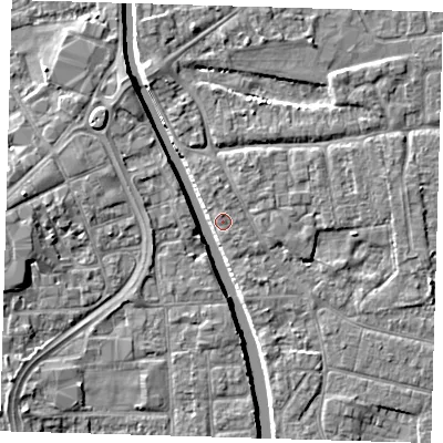 Shaded relief map of the ground around PE210JD, computed from Environment Agency LiDAR. The ground here sits at about 3 m above sea level and falls 6 m across the surrounding 800 m. Surface water reaching this point runs off ground lying to the north-west, 4.6 m higher.