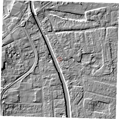 Shaded relief map of the ground around PE210JE, computed from Environment Agency LiDAR. The ground here sits at about 3 m above sea level and falls 6 m across the surrounding 800 m. Surface water reaching this point runs off ground lying to the north-west, 4.6 m higher.