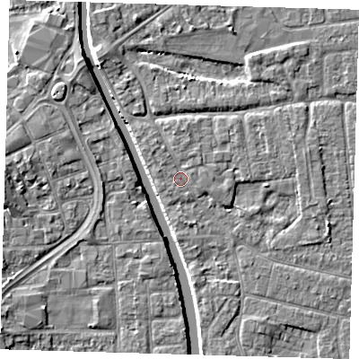 Shaded relief map of the ground around PE210JG, computed from Environment Agency LiDAR. The ground here sits at about 3 m above sea level and falls 5 m across the surrounding 800 m. Surface water reaching this point runs off ground lying to the north-west, 0.8 m higher.