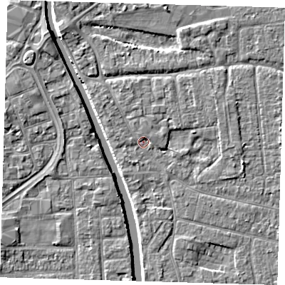 Shaded relief map of the ground around PE210JH, computed from Environment Agency LiDAR. The ground here sits at about 3 m above sea level and falls 5 m across the surrounding 800 m. Surface water reaching this point runs off ground lying to the north-west, 1.1 m higher.