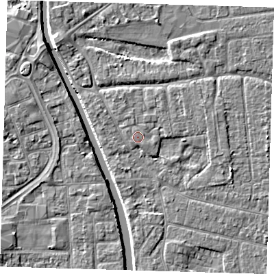 Shaded relief map of the ground around PE210JJ, computed from Environment Agency LiDAR. The ground here sits at about 3 m above sea level and falls 5 m across the surrounding 800 m. The ground contributing surface water to this point lies to the south-south-west.