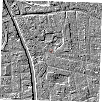 Shaded relief map of the ground around PE210JL, computed from Environment Agency LiDAR. The ground here sits at about 2 m above sea level and falls 4 m across the surrounding 800 m. Surface water reaching this point runs off ground lying to the north-west, 2.2 m higher.