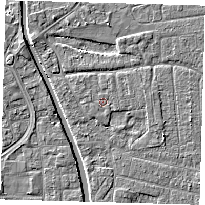 Shaded relief map of the ground around PE210JN, computed from Environment Agency LiDAR. The ground here sits at about 3 m above sea level and falls 5 m across the surrounding 800 m. Surface water reaching this point runs off ground lying to the south, 0.7 m higher.