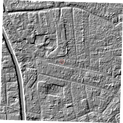 Shaded relief map of the ground around PE210JP, computed from Environment Agency LiDAR. The ground here sits at about 2 m above sea level and falls 4 m across the surrounding 800 m. Surface water reaching this point runs off ground lying to the south-west, 0.6 m higher.