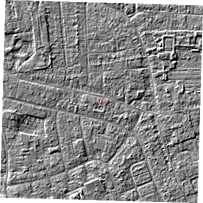 Shaded relief map of the ground around PE210JR, computed from Environment Agency LiDAR. The ground here sits at about 3 m above sea level and falls 2 m across the surrounding 800 m. Surface water reaching this point runs off ground lying to the south-east, 1.3 m higher.