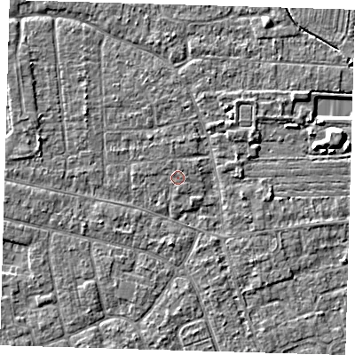Shaded relief map of the ground around PE210JS, computed from Environment Agency LiDAR. The ground here sits at about 2 m above sea level and falls 5 m across the surrounding 800 m. Surface water reaching this point runs off ground lying to the west, 0.6 m higher.