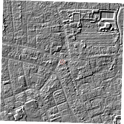 Shaded relief map of the ground around PE210JU, computed from Environment Agency LiDAR. The ground here sits at about 2 m above sea level and falls 5 m across the surrounding 800 m. Surface water reaching this point runs off ground lying to the west-north-west, 2.1 m higher.