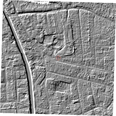 Shaded relief map of the ground around PE210JW, computed from Environment Agency LiDAR. The ground here sits at about 2 m above sea level and falls 4 m across the surrounding 800 m. Surface water reaching this point runs off ground lying to the south, 0.6 m higher.