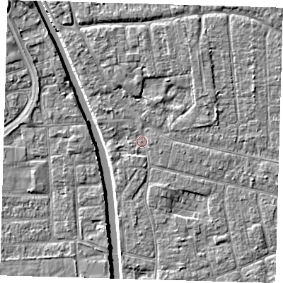 Shaded relief map of the ground around PE210JX, computed from Environment Agency LiDAR. The ground here sits at about 2 m above sea level and falls 5 m across the surrounding 800 m. Surface water reaching this point runs off ground lying to the north-west, 2.2 m higher.