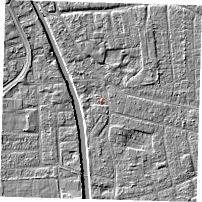 Shaded relief map of the ground around PE210JY, computed from Environment Agency LiDAR. The ground here sits at about 3 m above sea level and falls 5 m across the surrounding 800 m. Surface water reaching this point runs off ground lying to the north-north-west, 2.2 m higher.