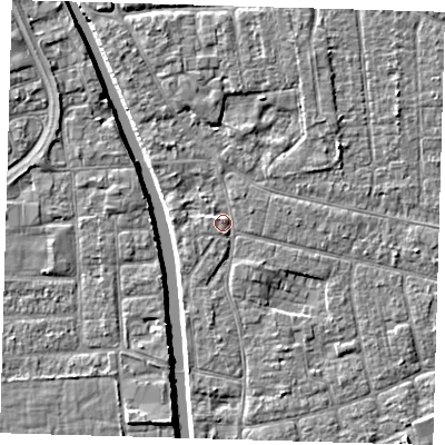 Shaded relief map of the ground around PE210JZ, computed from Environment Agency LiDAR. The ground here sits at about 3 m above sea level and falls 4 m across the surrounding 800 m. Surface water reaching this point runs off ground lying to the west-south-west, 0.8 m higher.