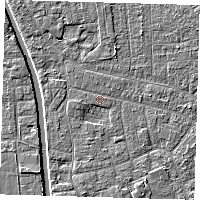 Shaded relief map of the ground around PE210LA, computed from Environment Agency LiDAR. The ground here sits at about 2 m above sea level and falls 4 m across the surrounding 800 m. Surface water reaching this point runs off ground lying to the north, 0.6 m higher.