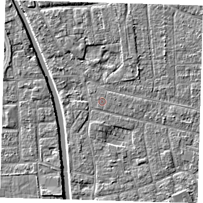 Shaded relief map of the ground around PE210LB, computed from Environment Agency LiDAR. The ground here sits at about 3 m above sea level and falls 4 m across the surrounding 800 m. The ground contributing surface water to this point lies to the south-west.