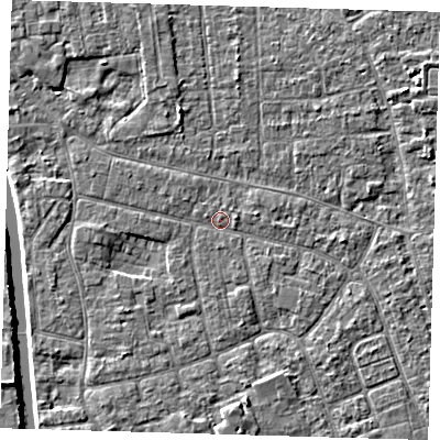 Shaded relief map of the ground around PE210LD, computed from Environment Agency LiDAR. The ground here sits at about 2 m above sea level and falls 4 m across the surrounding 800 m. Surface water reaching this point runs off ground lying to the west-north-west, 0.8 m higher.