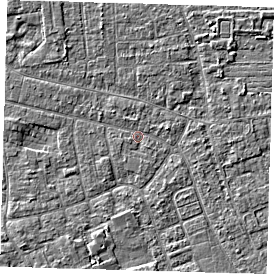 Shaded relief map of the ground around PE210LE, computed from Environment Agency LiDAR. The ground here sits at about 2 m above sea level and falls 2 m across the surrounding 800 m. Surface water reaching this point runs off ground lying to the south-south-west, 2.5 m higher.