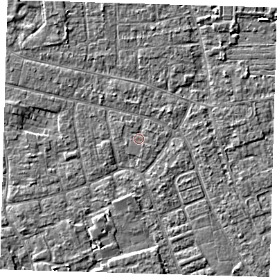 Shaded relief map of the ground around PE210LF, computed from Environment Agency LiDAR. The ground here sits at about 2 m above sea level and falls 2 m across the surrounding 800 m. Surface water reaching this point runs off ground lying to the north-west, 0.8 m higher.