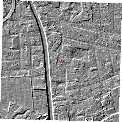 Shaded relief map of the ground around PE210LG, computed from Environment Agency LiDAR. The ground here sits at about 2 m above sea level and falls 5 m across the surrounding 800 m. Surface water reaching this point runs off ground lying to the north-north-east, 1.1 m higher.