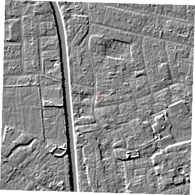 Shaded relief map of the ground around PE210LH, computed from Environment Agency LiDAR. The ground here sits at about 3 m above sea level and falls 5 m across the surrounding 800 m. Surface water reaching this point runs off ground lying to the south-south-east, 3.2 m higher.
