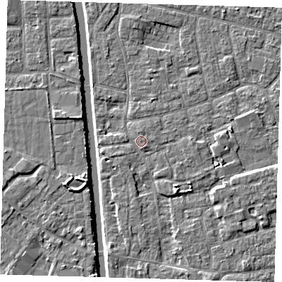 Shaded relief map of the ground around PE210LJ, computed from Environment Agency LiDAR. The ground here sits at about 3 m above sea level and falls 5 m across the surrounding 800 m. Surface water reaching this point runs off ground lying to the south-east, 3.0 m higher.