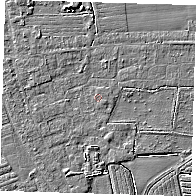 Shaded relief map of the ground around PE210LL, computed from Environment Agency LiDAR. The ground here sits at about 2 m above sea level and falls 5 m across the surrounding 800 m. Surface water reaching this point runs off ground lying to the south-south-west, 2.4 m higher.
