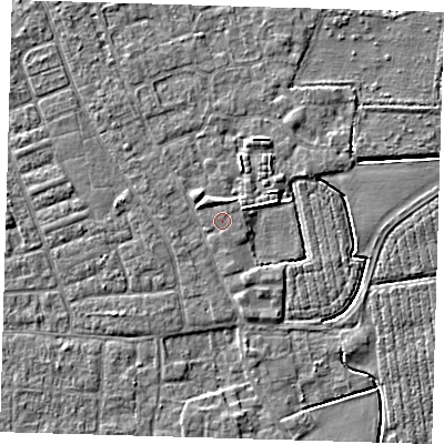 Shaded relief map of the ground around PE210LN, computed from Environment Agency LiDAR. The ground here sits at about 3 m above sea level and falls 4 m across the surrounding 800 m. Surface water reaching this point runs off ground lying to the east-north-east, 1.3 m higher.