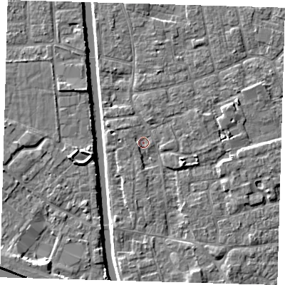 Shaded relief map of the ground around PE210LP, computed from Environment Agency LiDAR. The ground here sits at about 2 m above sea level and falls 6 m across the surrounding 800 m. Surface water reaching this point runs off ground lying to the east-south-east, 3.0 m higher.
