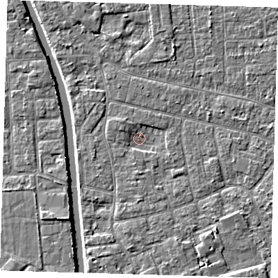 Shaded relief map of the ground around PE210LQ, computed from Environment Agency LiDAR. The ground here sits at about 2 m above sea level and falls 4 m across the surrounding 800 m. Surface water reaching this point runs off ground lying to the north-west, 1.6 m higher.